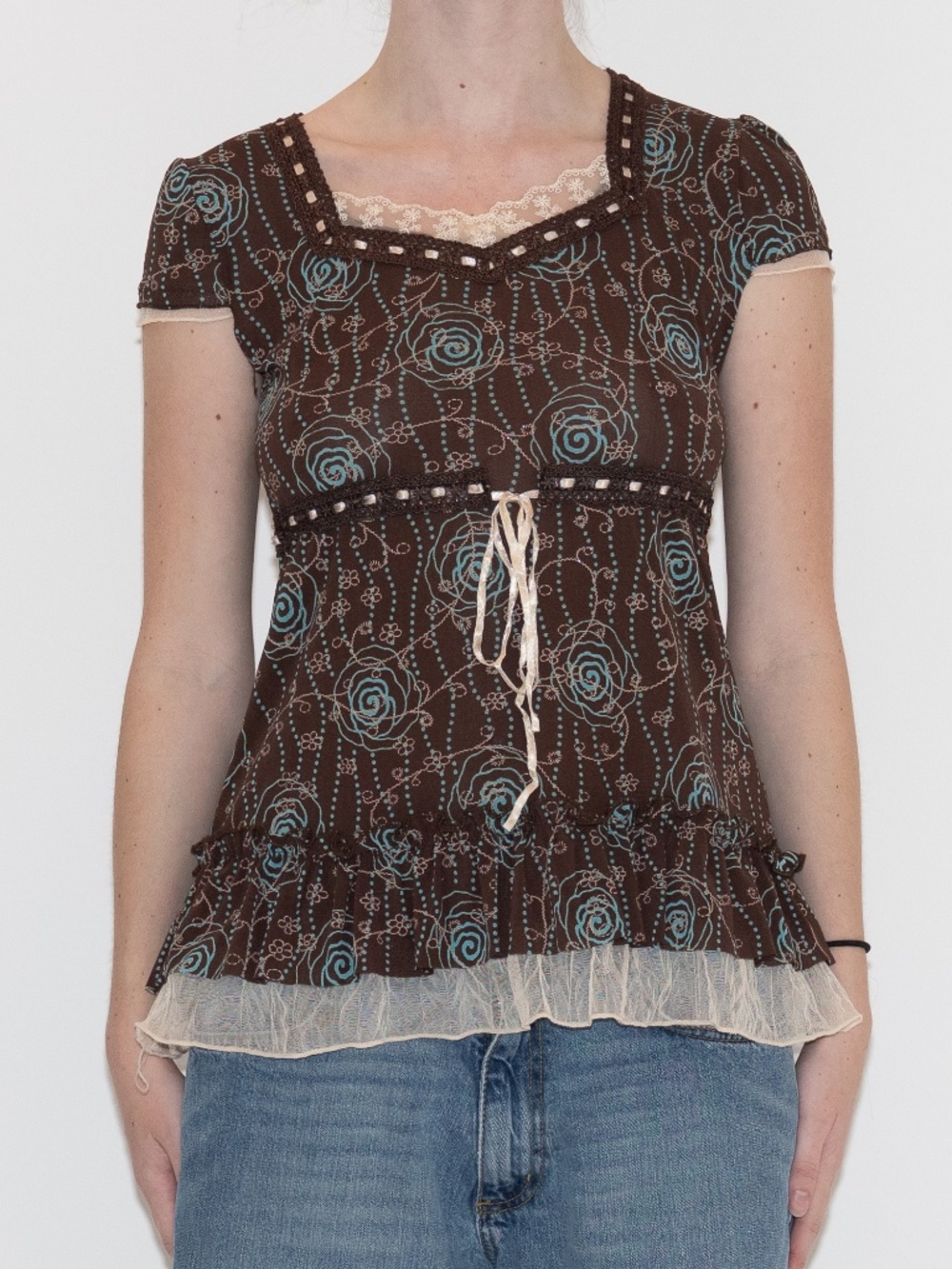 Y2k brown rose print blouse lace trim size medium with tie